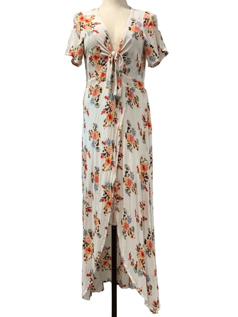LoveRiche Floral Maxi Dress Large Tie Front Flutter Short Sleeves Plunge Lined